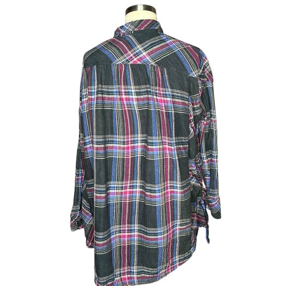 FREE PEOPLE Nordic Day Button Front Oversized Lace Up Sides Plaid Blouse Size M - Picture 3 of 9